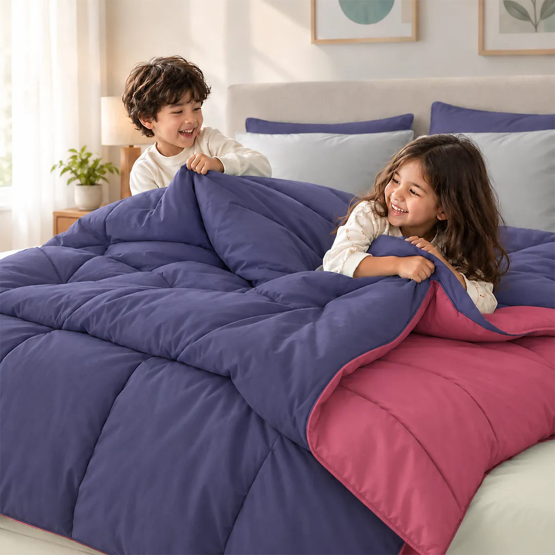 Pair your Raspberry & Navy Comforter with crisp white sheets for a fresh contrast, soft neutrals for a refined look, or deeper blue and berry accents for a layered bedroom aesthetic.